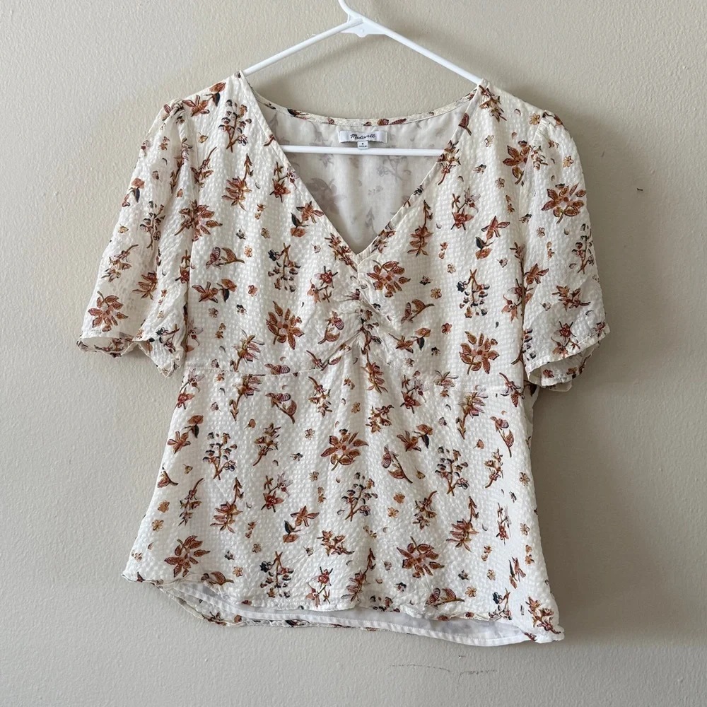 Madewell Floral 100% Silk Clip Dot Gingham Ruched V Neck Puff Sleeve Top size 8